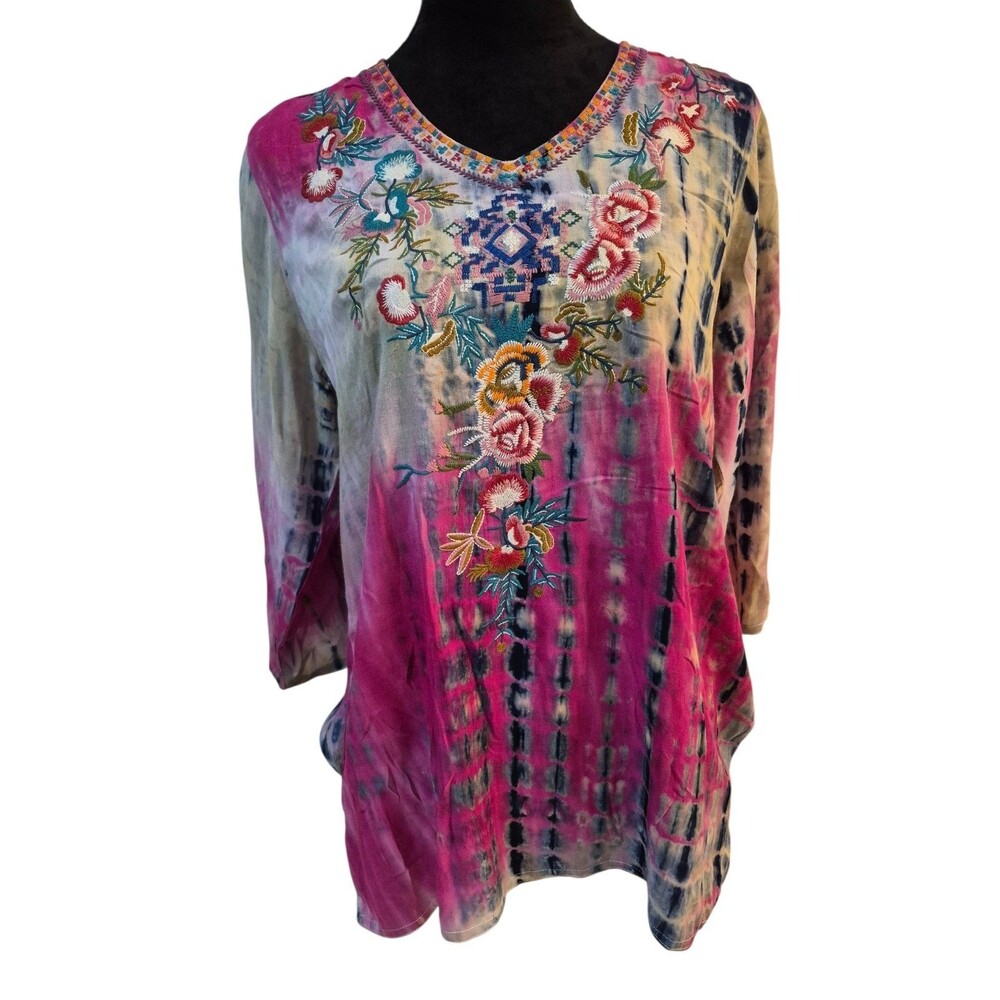 Calessa M Tunic Top Embroidered Floral Tie Dye Embroidered Boho Rayon